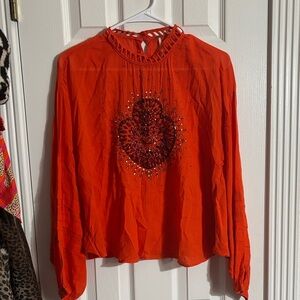 Free People Vibrant Orange Blouse with Embellishments